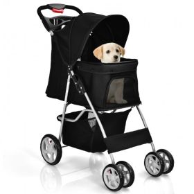 Simple Desight Foldable 4-Wheel Pet Stroller With Storage Basket (Color: Black)