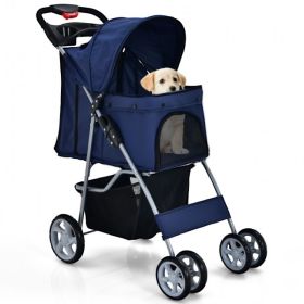 Simple Desight Foldable 4-Wheel Pet Stroller With Storage Basket (Color: Navy)